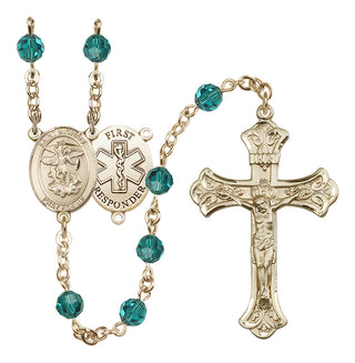 14 Karat Gold 6mm Austrian Crystal Saint Michael/1St Responder Rosary in Zircon