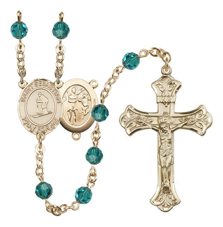 14 Karat Gold 6mm Austrian Crystal Saint Sebastian/Skiing Rosary in Zircon