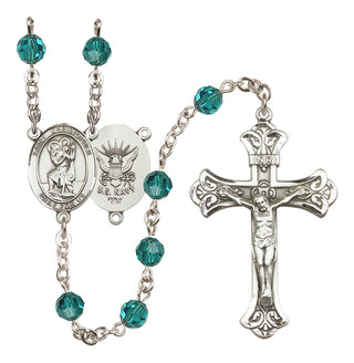 Sterling Silver 6mm Austrian Crystal Saint Christopher / Navy Rosary in Zircon