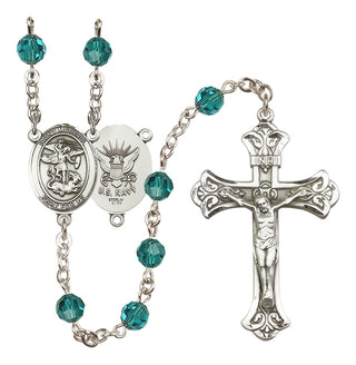 Sterling Silver 6mm Austrian Crystal Saint Michael / Navy Rosary in Zircon