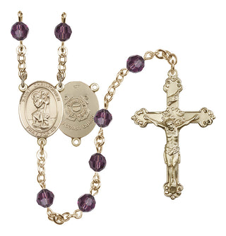 14 Karat Gold-Filled 6mm Austrian Crystal Saint Christopher / Coast Guard Rosary in Amethyst