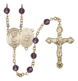 14 Karat Gold-Filled 6mm Austrian Crystal Saint Christopher / Navy Rosary in Amethyst