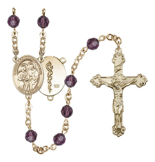 14 Karat Gold-Filled 6mm Austrian Crystal Saints Cosmas & Damian / Doctors Rosary in Amethyst