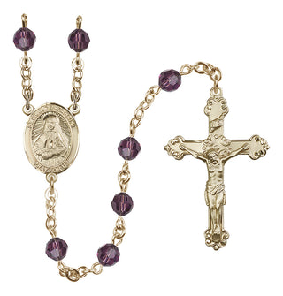 14 Karat Gold 6mm Austrian Crystal Saint Frances Cabrini Rosary in Amethyst