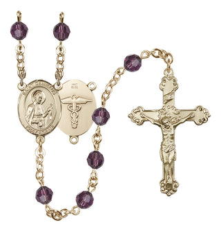 14 Karat Gold 6mm Austrian Crystal Saint Camillus of Lellis / Nurse Rosary in Amethyst
