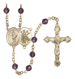 14 Karat Gold 6mm Austrian Crystal Saint Florian/Firefighter Rosary in Amethyst