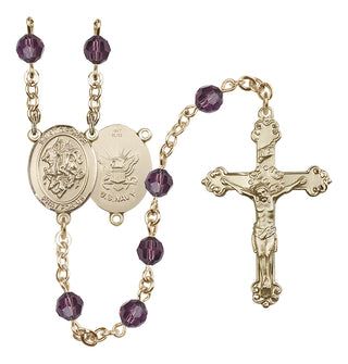 14 Karat Gold 6mm Austrian Crystal Saint George / Navy Rosary in Amethyst