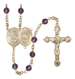 14 Karat Gold 6mm Austrian Crystal Saint Michael the Archangel/Policeman Rosary in Amethyst