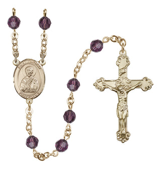 14 Karat Gold 6mm Austrian Crystal Saint Timothy Rosary in Amethyst