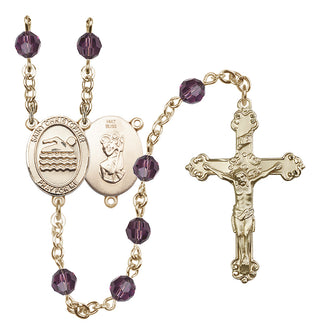 14 Karat Gold 6mm Austrian Crystal Saint Christopher/Swimming Rosary in Amethyst