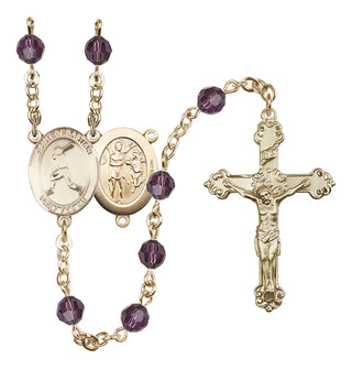 14 Karat Gold 6mm Austrian Crystal Saint Sebastian/Baseball Rosary in Amethyst