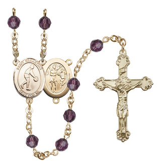 14 Karat Gold 6mm Austrian Crystal Saint Sebastian/Basketball Rosary in Amethyst