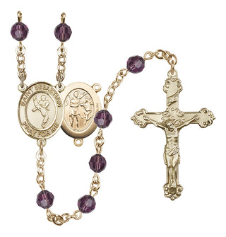 14 Karat Gold 6mm Austrian Crystal Saint Sebastian/Martial Arts Rosary in Amethyst