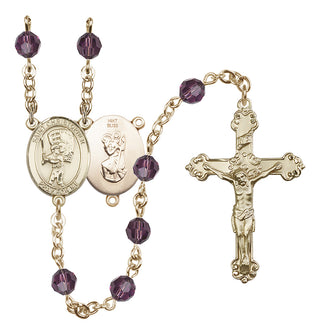 14 Karat Gold 6mm Austrian Crystal Saint Christopher/Baseball Rosary in Amethyst