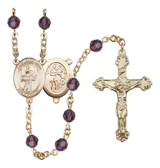 14 Karat Gold 6mm Austrian Crystal Saint Sebastian / Baseball Rosary in Amethyst