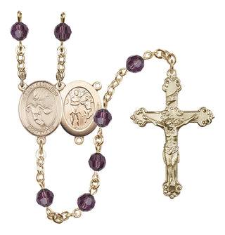 14 Karat Gold 6mm Austrian Crystal Saint Sebastian/Basketball Rosary in Amethyst