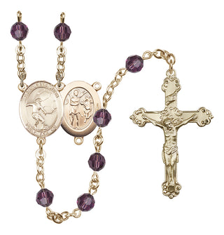 14 Karat Gold 6mm Austrian Crystal Saint Sebastian / Soccer Rosary in Amethyst