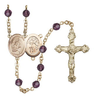 14 Karat Gold 6mm Austrian Crystal Saint Sebastian /Track&Field-Men Rosary in Amethyst