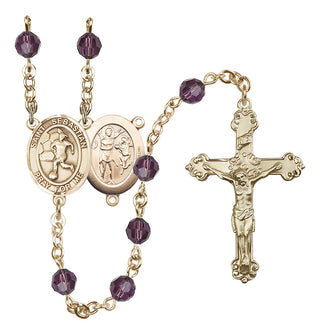 14 Karat Gold 6mm Austrian Crystal Saint Sebastian/Soccer-Women Rosary in Amethyst