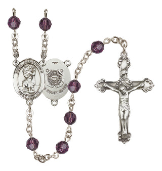 Sterling Silver 6mm Austrian Crystal Saint Christopher / Coast Guard Rosary in Amethyst