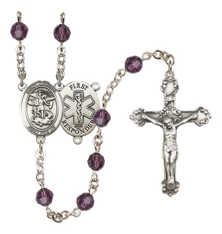 Sterling Silver 6mm Austrian Crystal Saint Michael/1St Responder Rosary in Amethyst