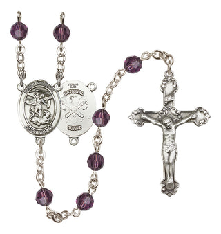 Sterling Silver 6mm Austrian Crystal Saint Michael / Nat'l Guard Rosary in Amethyst