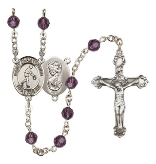 Sterling Silver 6mm Austrian Crystal Saint Christopher/Basketball Rosary in Amethyst