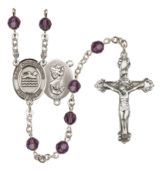 Sterling Silver 6mm Austrian Crystal Saint Christopher/Swimming Rosary in Amethyst