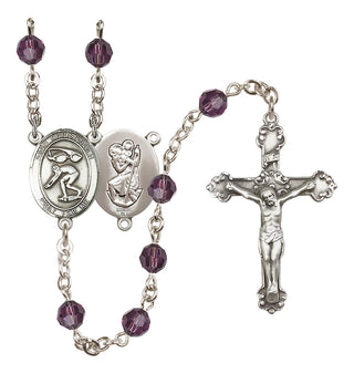 Sterling Silver 6mm Austrian Crystal Saint Christopher/Swimming Rosary in Amethyst