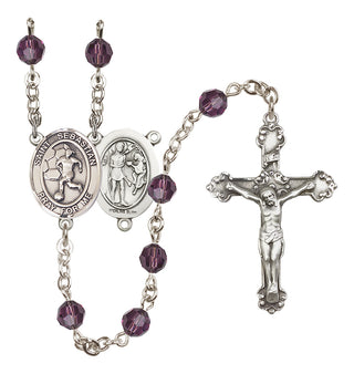 Sterling Silver 6mm Austrian Crystal Saint Sebastian/Soccer-Women Rosary in Amethyst