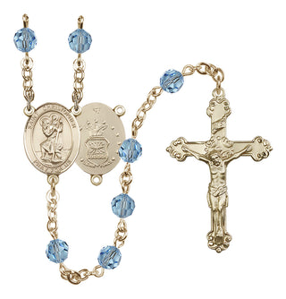 14 Karat Gold-Filled 6mm Austrian Crystal Saint Christopher / Air Force Rosary in Aqua