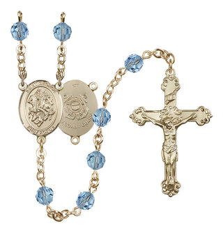 14 Karat Gold-Filled 6mm Austrian Crystal Saint George / Coast Guard Rosary in Aqua