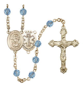 14 Karat Gold-Filled 6mm Austrian Crystal Saint Michael/1St Responder Rosary in Aqua