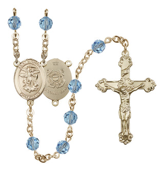14 Karat Gold-Filled 6mm Austrian Crystal Saint Michael / Coast Guard Rosary in Aqua