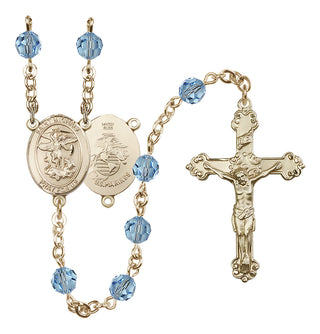 14 Karat Gold-Filled 6mm Austrian Crystal Saint Michael / Marines Rosary in Aqua