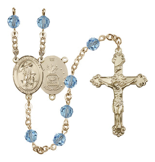 14 Karat Gold-Filled 6mm Austrian Crystal Guardian Angel / Air Force Rosary in Aqua
