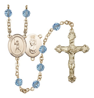 14 Karat Gold-Filled 6mm Austrian Crystal Saint Christopher/Baseball Rosary in Aqua