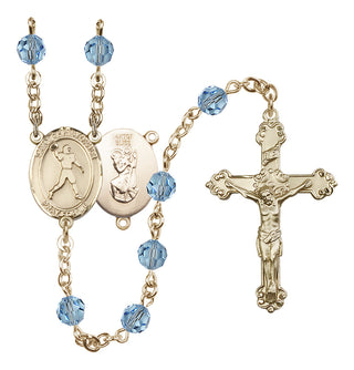 14 Karat Gold-Filled 6mm Austrian Crystal Saint Christopher/Football Rosary in Aqua