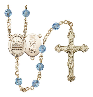 14 Karat Gold-Filled 6mm Austrian Crystal Saint Christopher/Swimming Rosary in Aqua