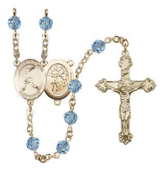 14 Karat Gold-Filled 6mm Austrian Crystal Saint Sebastian/Baseball Rosary in Aqua