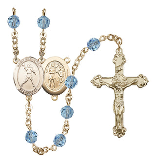 14 Karat Gold-Filled 6mm Austrian Crystal Saint Sebastian/Football Rosary in Aqua