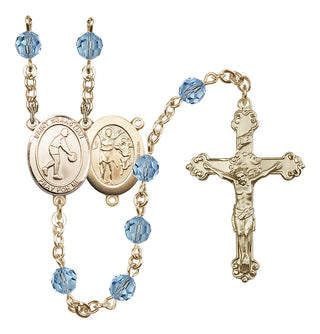 14 Karat Gold-Filled 6mm Austrian Crystal Saint Sebastian/Basketball Rosary in Aqua