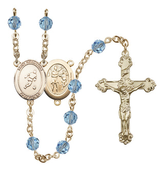 14 Karat Gold-Filled 6mm Austrian Crystal Saint Sebastian/Soccer Rosary in Aqua