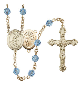 14 Karat Gold-Filled 6mm Austrian Crystal Saint Sebastian/Surfing Rosary in Aqua