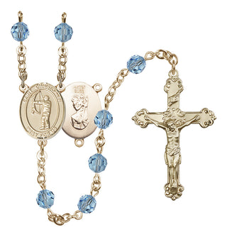 14 Karat Gold-Filled 6mm Austrian Crystal Saint Christopher/Archery Rosary in Aqua