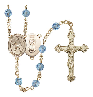 14 Karat Gold-Filled 6mm Austrian Crystal Saint Christopher / Field Hockey Rosary in Aqua