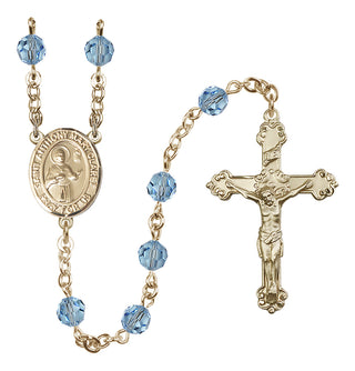 14 Karat Gold-Filled 6mm Austrian Crystal Saint Anthony Mary Claret Rosary in Aqua