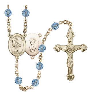 14 Karat Gold-Filled 6mm Austrian Crystal Saint Christopher/Baseball Rosary in Aqua