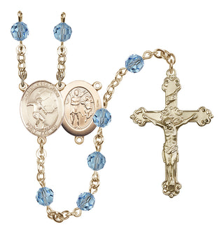 14 Karat Gold-Filled 6mm Austrian Crystal Saint Sebastian / Soccer Rosary in Aqua