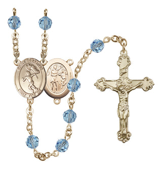 14 Karat Gold-Filled 6mm Austrian Crystal Saint Sebastian /Track&Field-Women Rosary in Aqua